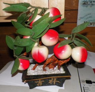 Large Chinese Peking Jade Peach Tree - Carved Jade Leaves photo