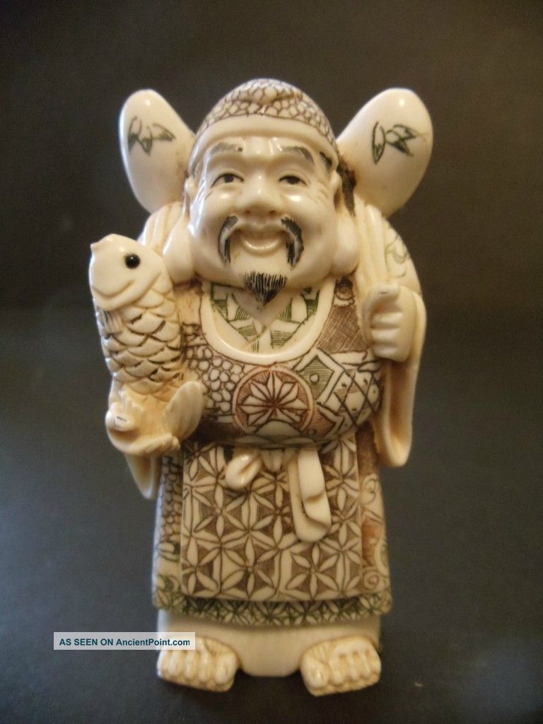 Fine Japanese Carved Ox Bone Ivory Netsuke,  Signed 3  Tall Netsuke photo