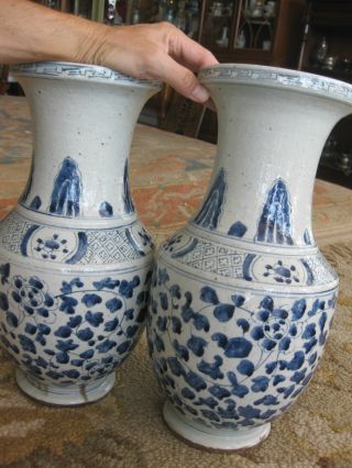 Pair Of Chinese Porcelain Blue & White Vases,  15.  5”= 39 Cm,  Qing/ming Dynasty? photo