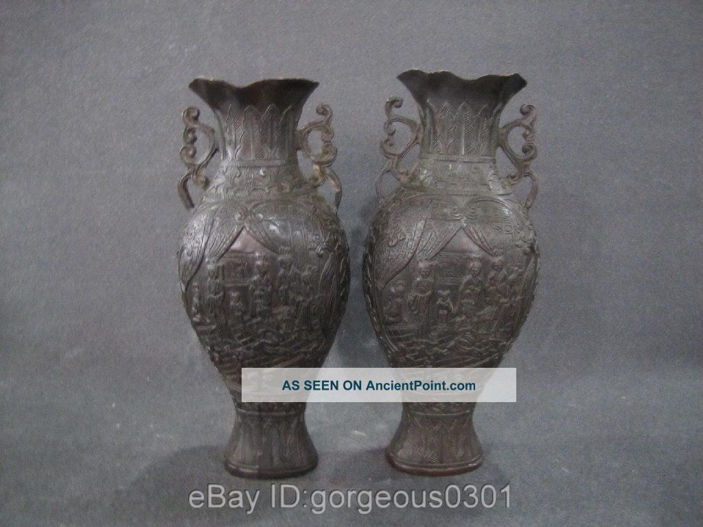 A Pair Excellent Chinese Carved Copper Vase Vases photo