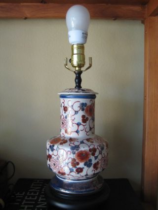 Old Vintage Chinese/japanese Hand Painted Flower Vase Lamp W/wooden Base photo