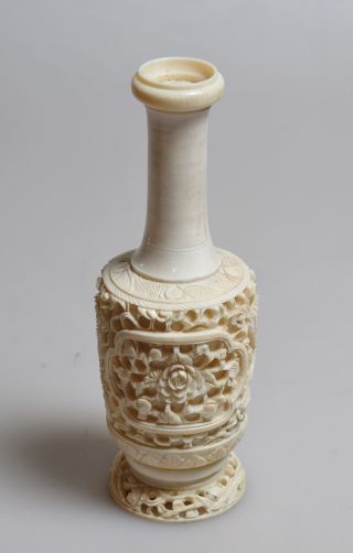 Early 20c Fine Chinese Carved Bone Miniature Vase Or Snuff Bottle 7”h W Dragons photo