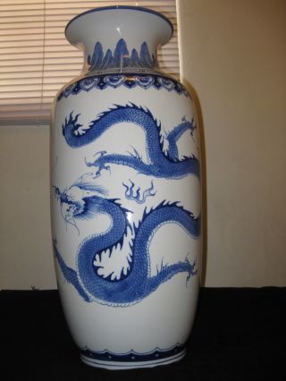 Chinese Blue & White Two Dragons And Pearl Porcelain Vases photo