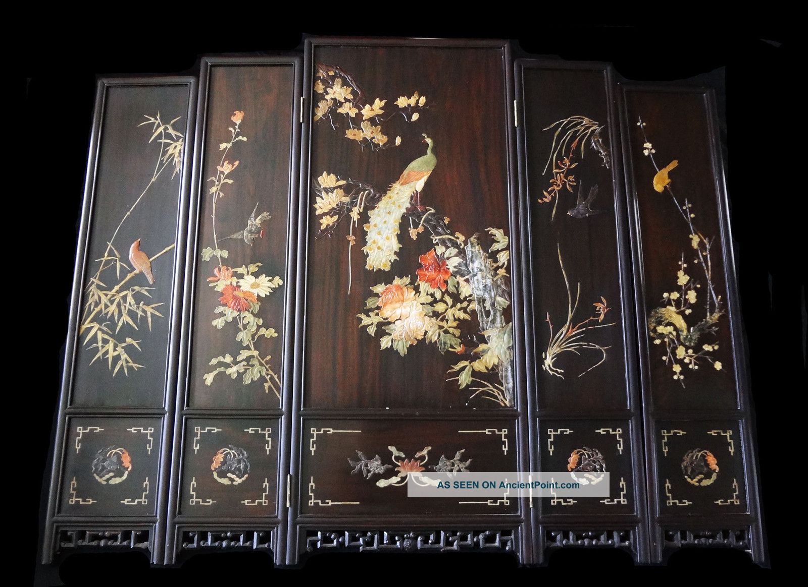 40s Chinese 5 Panel Screen W Exquisitely Carved Steatite Bird&flower Design (stav Other photo