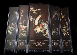 40s Chinese 5 Panel Screen W Exquisitely Carved Steatite Bird&flower Design (stav photo