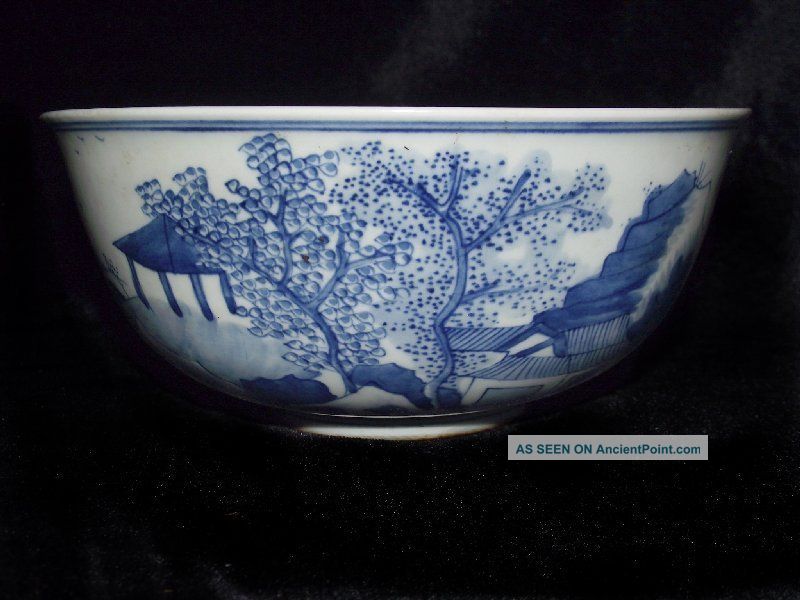 Fine Great Unique Blue White Porcelain Landscape Bowls 7.  5 