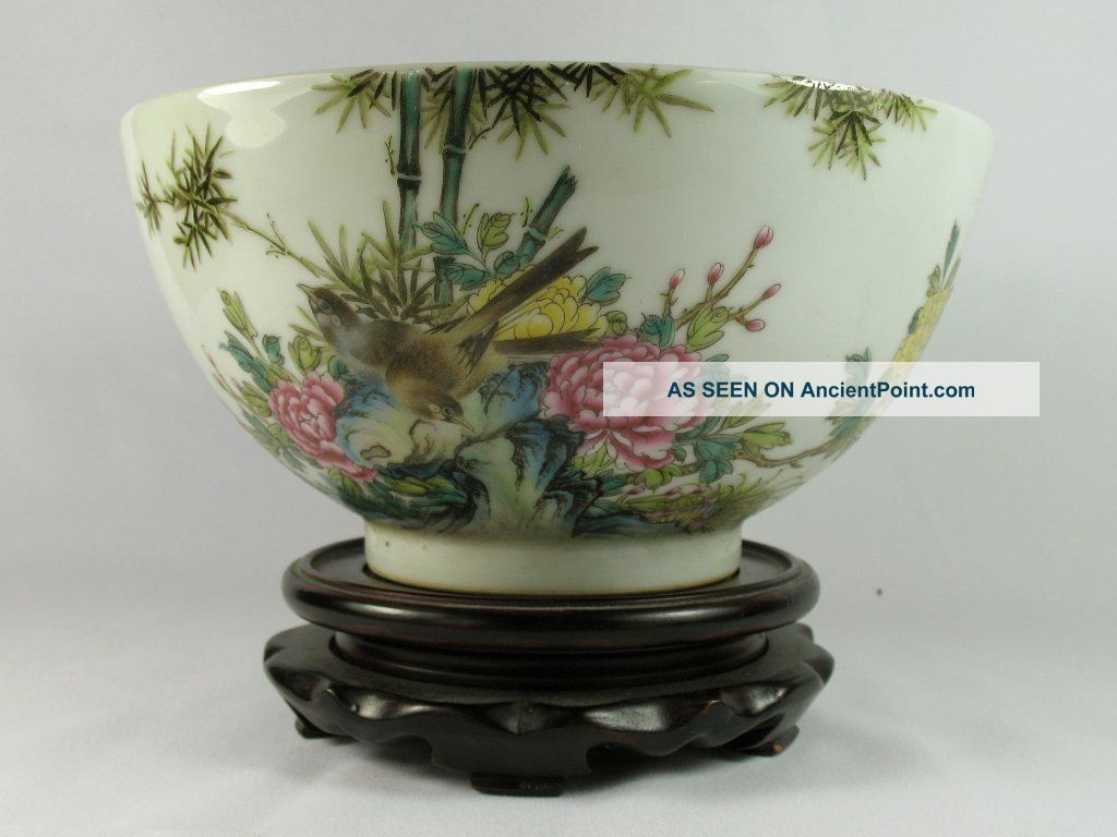 Rare Unique Famille Rose Porcelain Flower Bird Bamboo Bowls 8.  4 