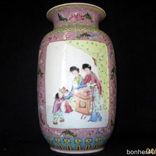 Wonderful Chinese Famille Rose Porcelain Long Eliza Geisha Child Vase Marked Red photo