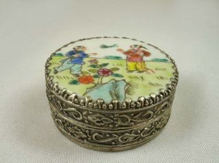Chinese Small Export Jewelry Box W/ Old Porcelain Cover&mirror Top,  Children Play photo