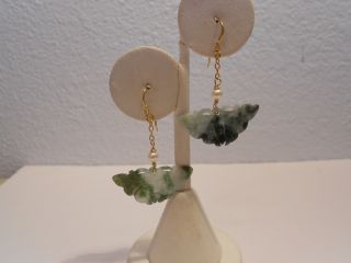 Antiques Jade Carved Butterfly Earrings 14kt Gold F photo