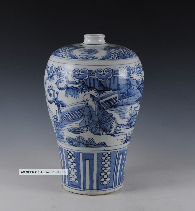 Fine Chinese Antique Blue And White Porcelain Vase With Landscape Figures Design Vases photo