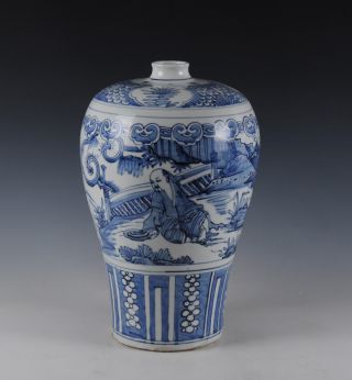 Fine Chinese Antique Blue And White Porcelain Vase With Landscape Figures Design photo
