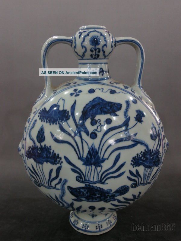 A Stunning Chinese Blue And White Porcelain Flat Vase Fish Vases photo