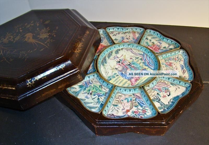 19th C.  Antique Chinese Cloisonne Enameled Dish Set /box Other photo