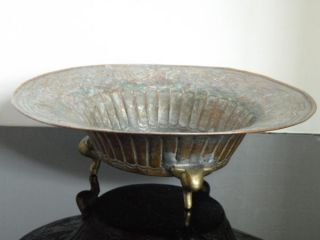 P547 Chinese Copper Footed Handmade Bowl,  Repousse,  Tin Wash,  Brass Feet photo