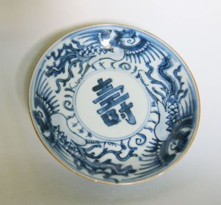 Qing Kangxi Blue And White Plate (phoenix/shou) photo