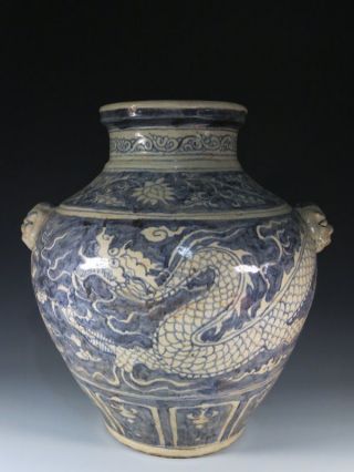 A Huge Stunning Chinese Blue And White Porcelain Dragon Pot photo