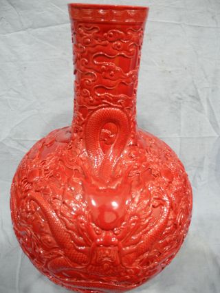 Chinese Red Glaze Carved Dragons Porcelain Tianqiu Vase Mark photo