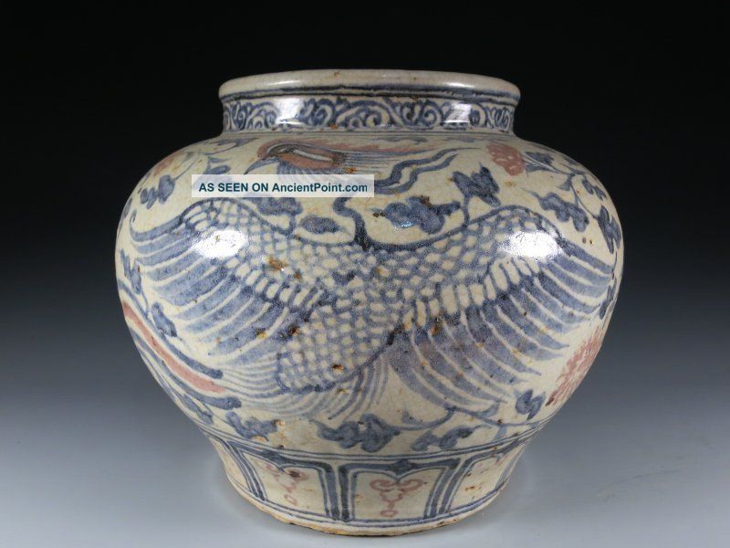 A Stunning Chinese Blue And White Underglaze Red Porcelain Phoenix Pot Vases photo