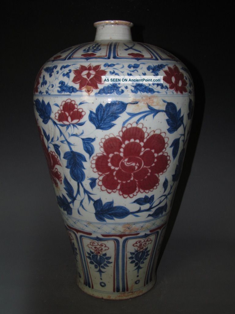Fine Chinese Huge Blue & White Underglaze Red Porcelain Flowers Vase Vases photo