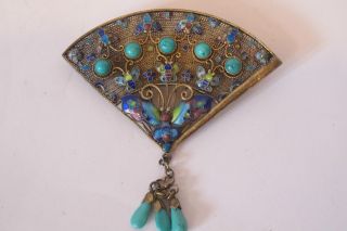 Chinese Export Silver Pin Decorated With Enamel,  Turquoise photo