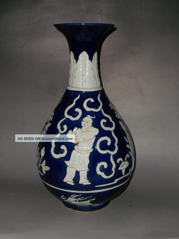 Rare Chinese Blue Glazed Porcelain Carving Figure Vase Vases photo