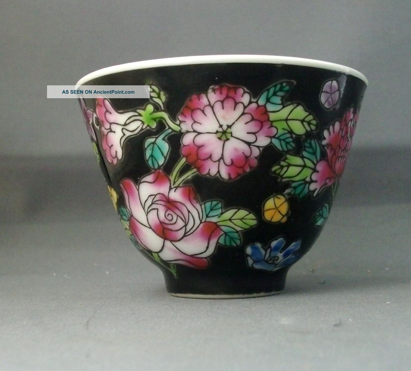 Chinese Porcelain Black Famille Noir Bowl Cup Peonies Flowers Tea Bowls photo
