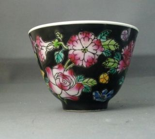 Chinese Porcelain Black Famille Noir Bowl Cup Peonies Flowers Tea photo
