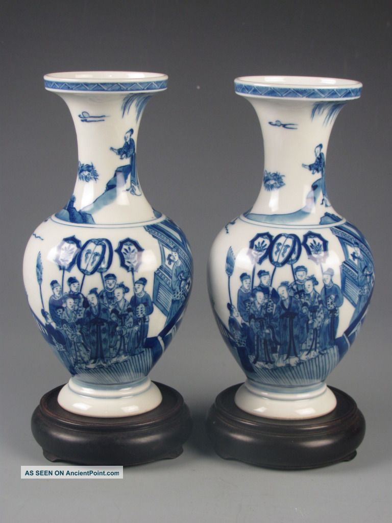 Fine A Pair Rare Chinese Blue & White Porcelain People Vases Vases photo