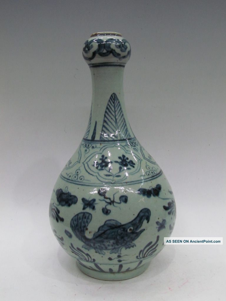 Fine Chinese Rare Blue & White Porcelain Fish Vase Vases photo