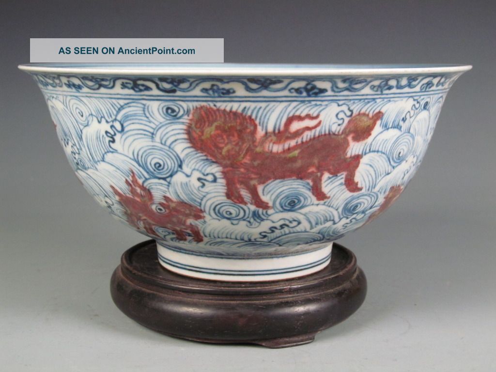 Fine Chinese Blue & White Underglaze Red Porcelain Lion Bowl Bowls photo
