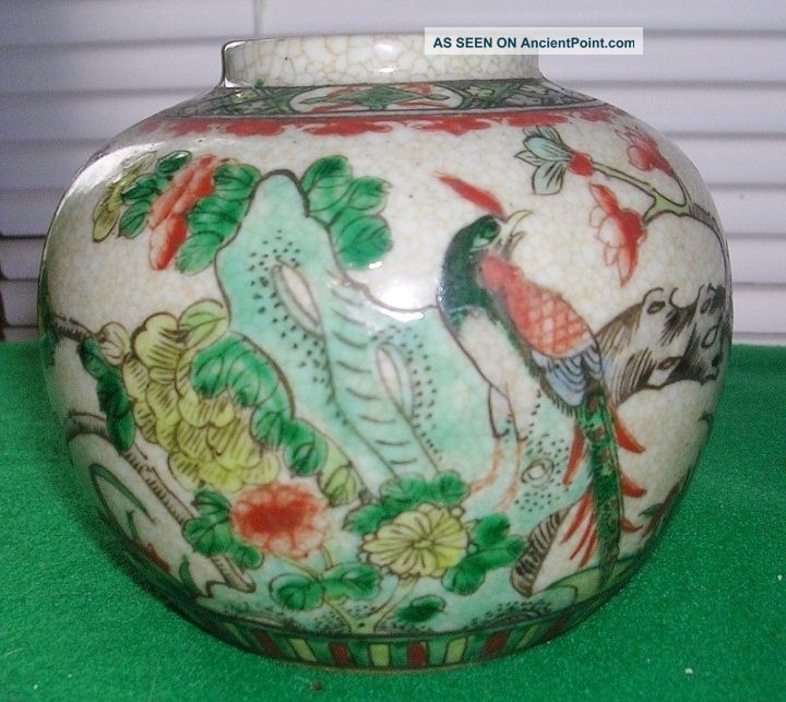 Antique Chinese Famille Verte Jar With Crackle Glaze Turn Of Century Vases photo