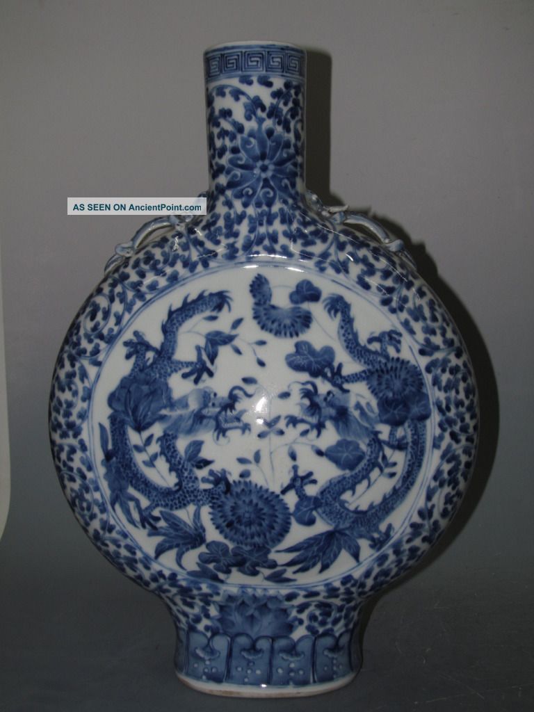Fine Chinese Huge Blue & White Porcelain Dragon Flat Vase Vases photo