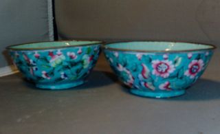 Pair Antique Chinese Cloisonne Famille Rose Bowls photo