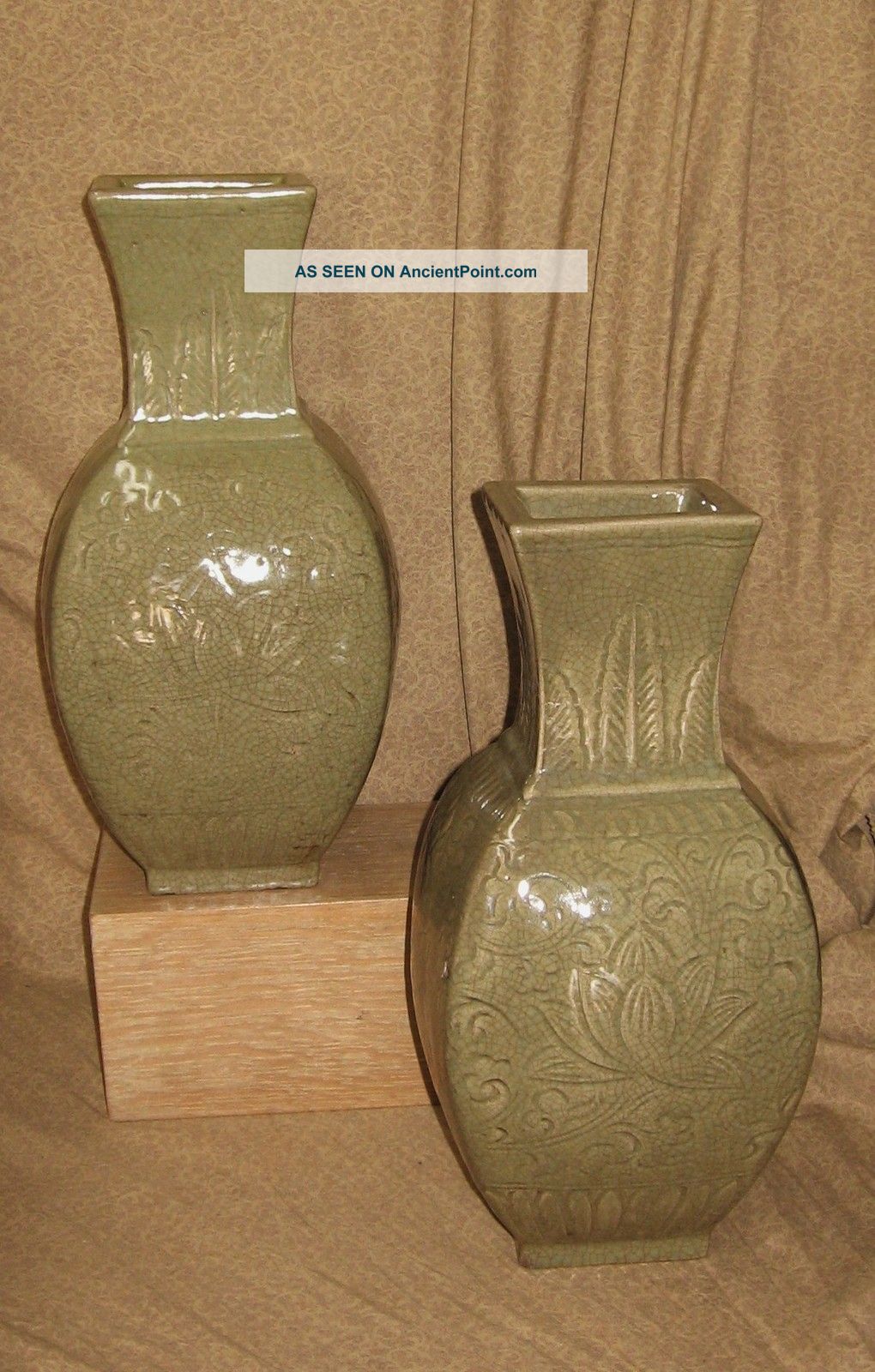 Pair Antique Chinese Carved Celadon Porcelain Vases As - Is Condition Vases photo