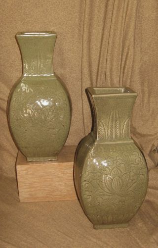 Pair Antique Chinese Carved Celadon Porcelain Vases As - Is Condition photo
