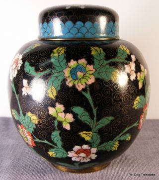 Vintage Chinese Black Cloisonne Ginger Jar - Circa 1930 ' S - Copper Base photo