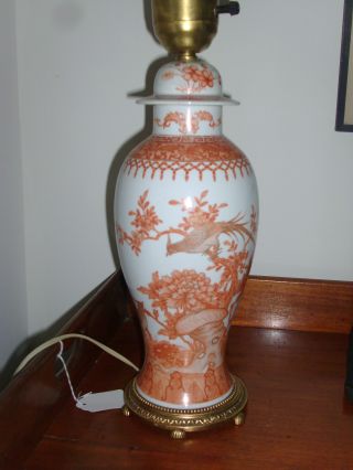 Chinese Export Porcelain Vase Lamp Temple Jar Orange Pheonix Birds Gilt Mounts photo