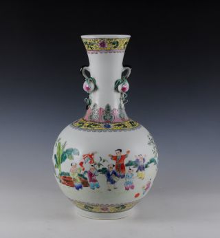 Rare Famille Rose Porcelain Double Handled Vase With Play Boy Of Chinese Antique photo