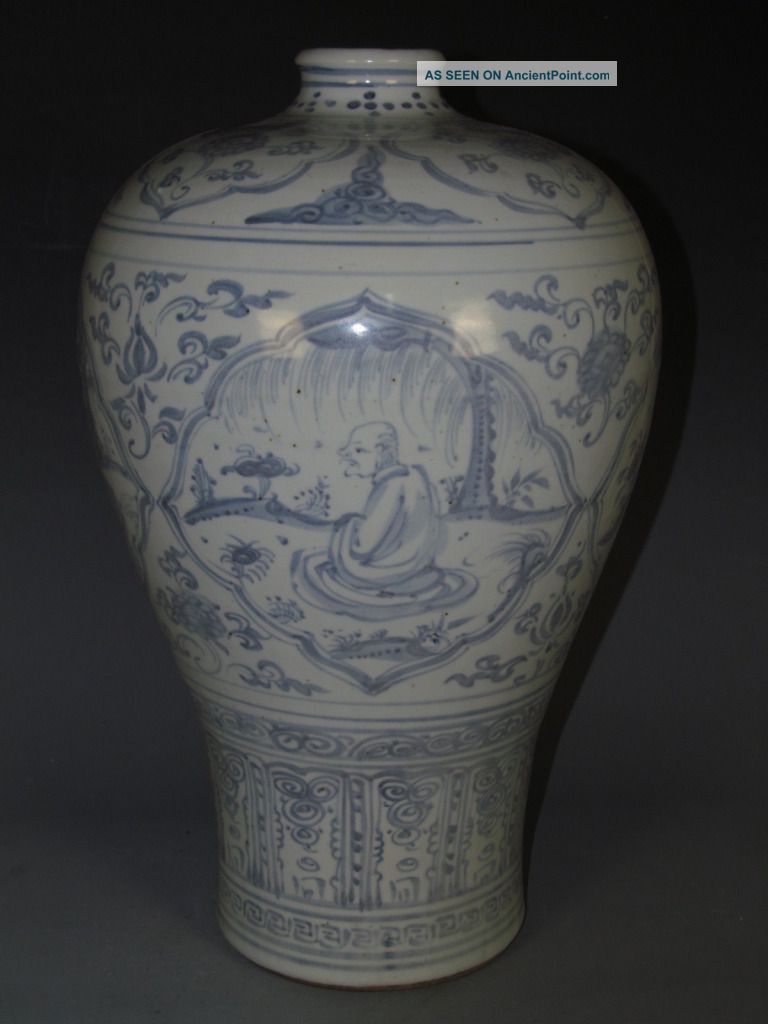 Fine Chinese Blue & White Porcelain People Vase Vases photo