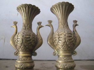 Pair Brass Vases Exquisite Carving Phoenix/peacock photo