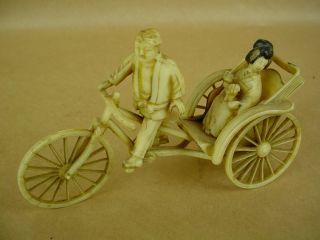 Japan Antique Ox - Bone Figurine Of Bicycle Taxi W/woman Passenger photo