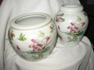 Two Chinese Oriental Vases Flowers & Butterflies photo