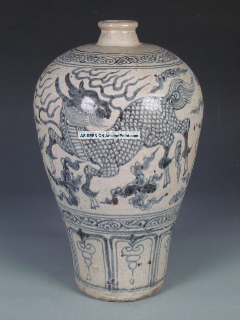 Fine Chinese Rare Blue & White Porcelain Kylin Vase Vases photo