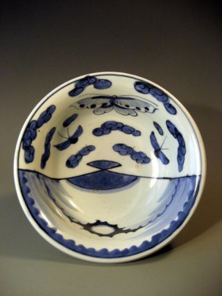 China Chinese Archaic Style Butterfly Decor Blue & White Pottery Bowl Ca.  1920 ' S photo