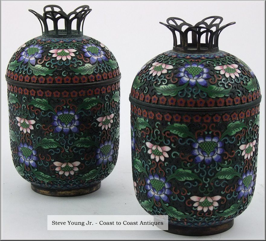 Fine Pair Early 19thc Chinese Cloisonné Covered Vessels Vases photo