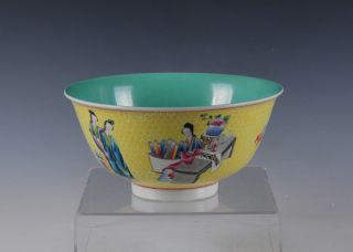 Rare Yellow Glaze Famille Rose Porcelain Bowl Figures Design Of Chinese Antique photo