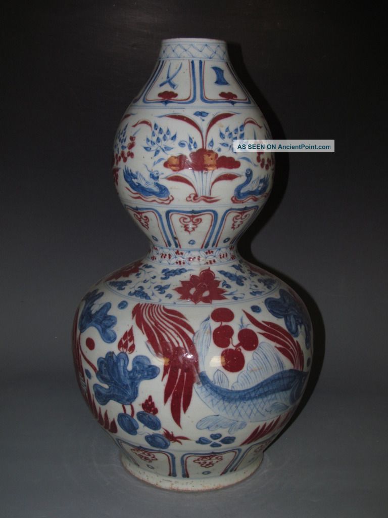 Fine Chinese Huge Blue & White Underglaze Red Porcelain Fish Grand Vase Vases photo