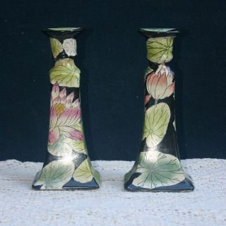 Chinese Export Black Incised Lotus Candle Sticks photo