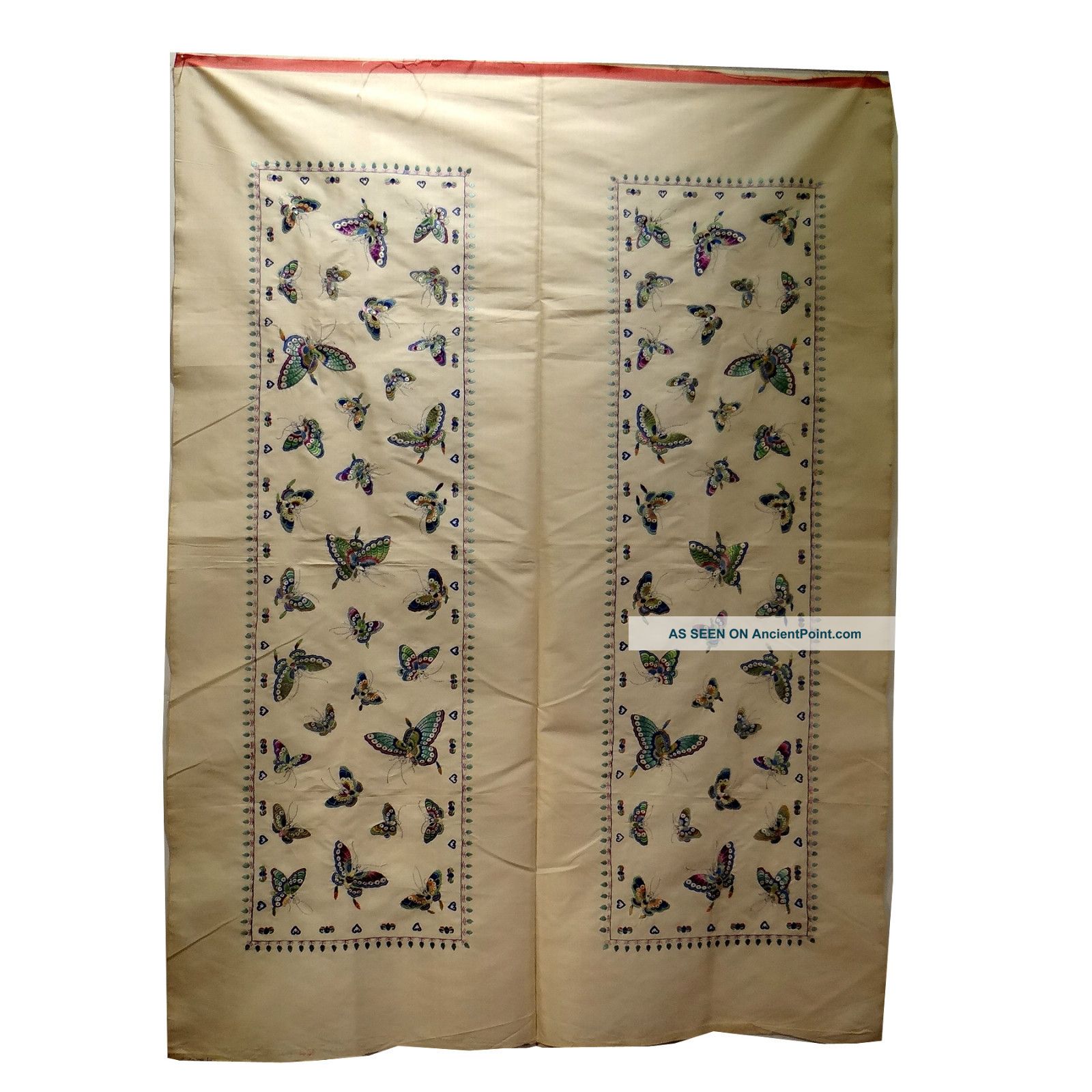 Antique Chinese Embroidered Uncut Pair Textile Sleeve Bands Ca.  1890 Butterflies Other photo